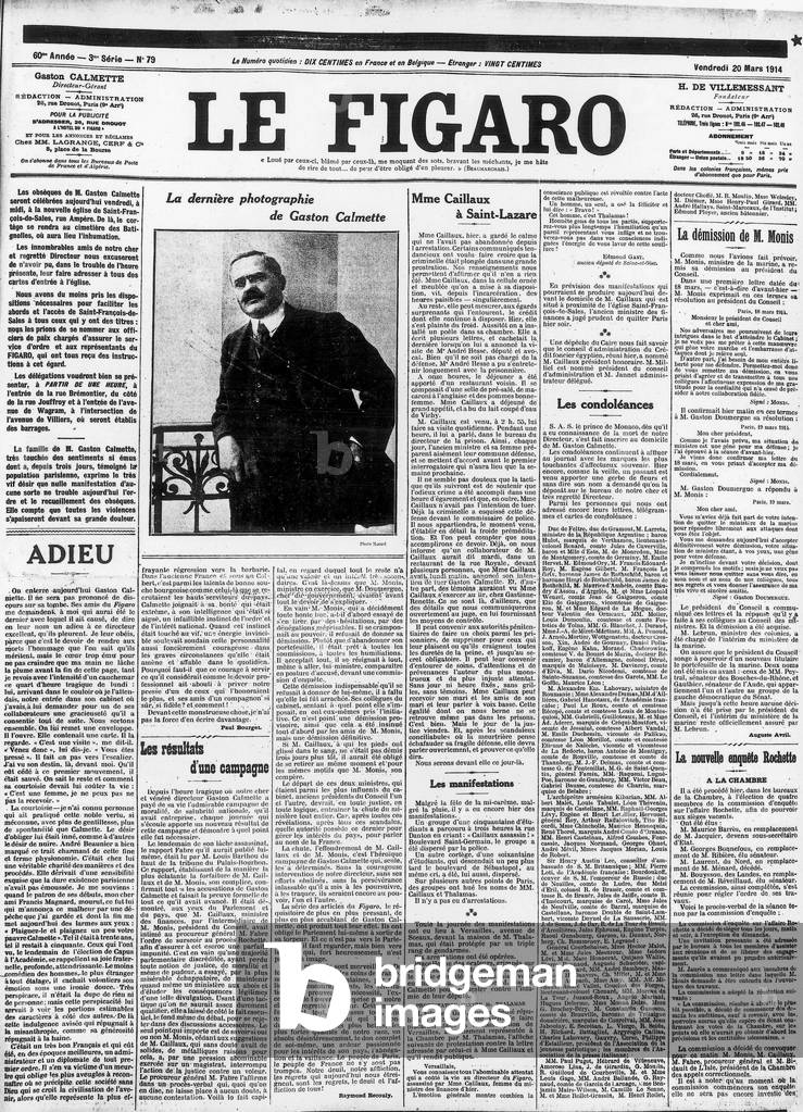 couverture du journal français Le Figaro match 20, 1914 sur l'assassinat de Gaston Calmette, directeur du Figa