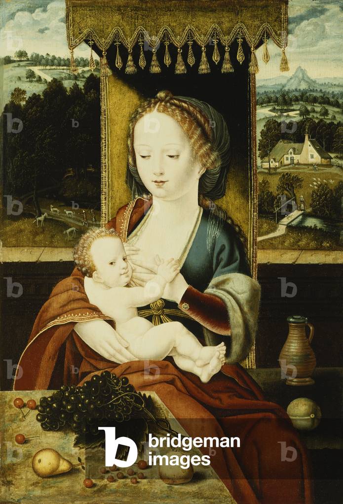 la madonna col bambino, seduti sotto un baldacchino, ad un tavolo con frutta, in un paesaggio, (olio su pannel