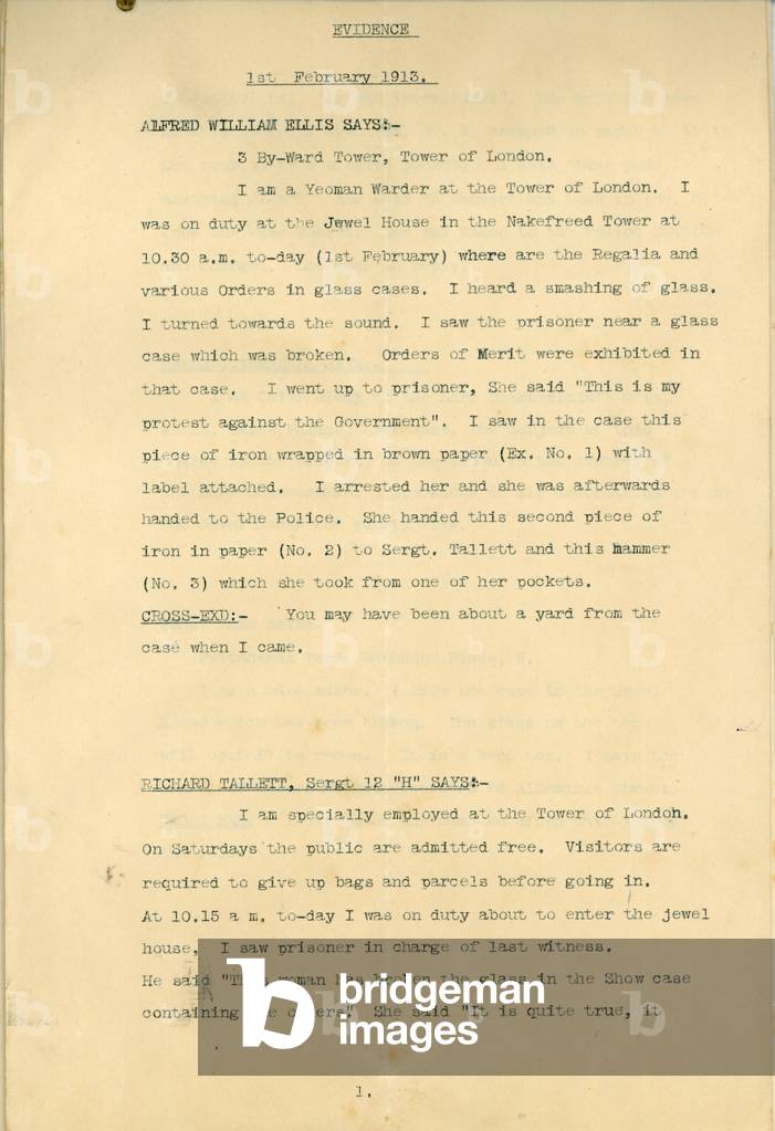 Schriftliche Beweismittel im Gerichtsverfahren gegen Frau Leonora Cohen (für Glasbruch am Turm), Seite 1, 1913