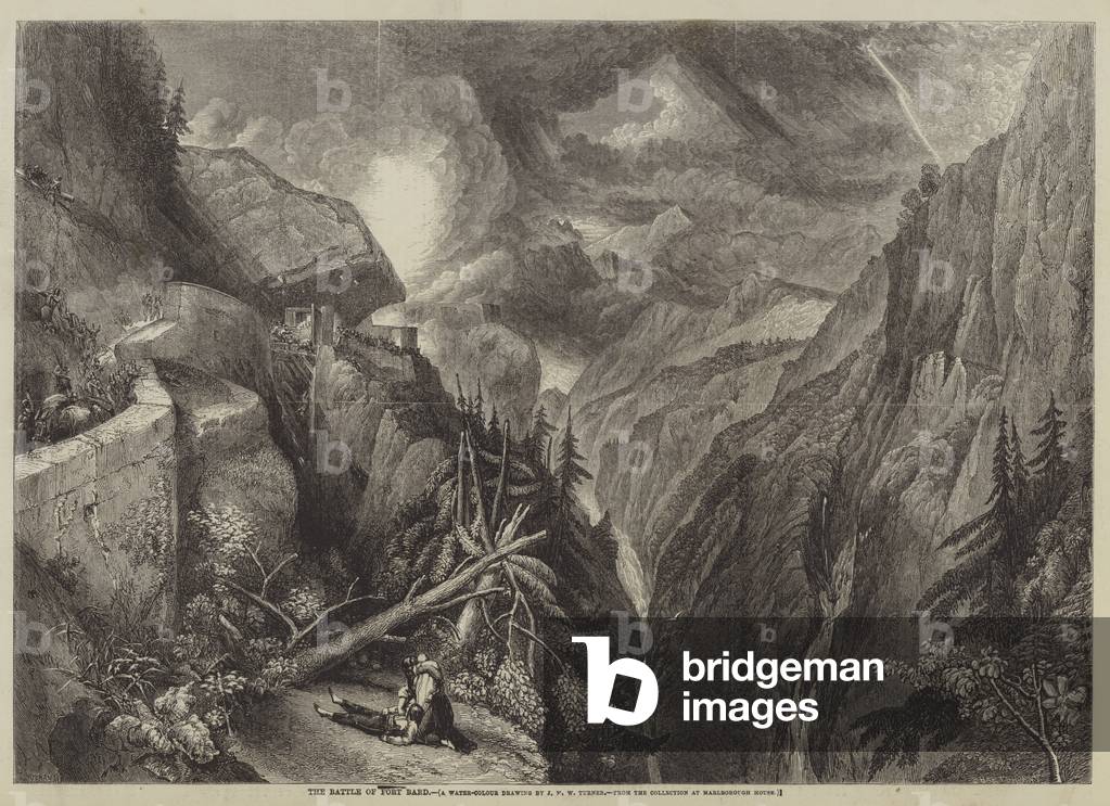 The Battle of Fort Bard (engraving) by Joseph Mallord William Turner, b/w