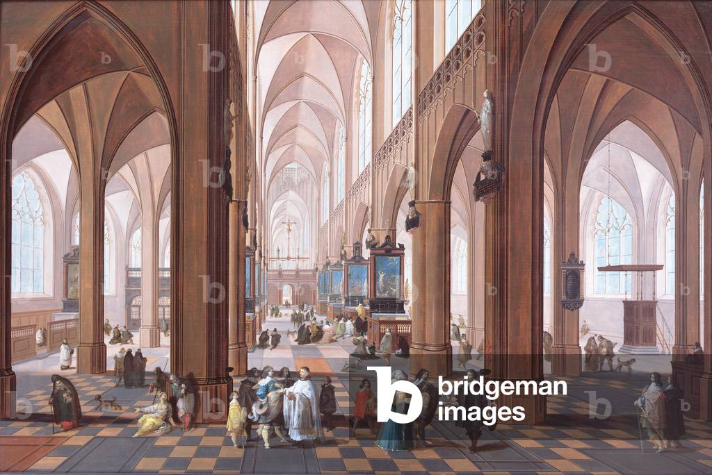 Image de Peinture représentant L'intérieur de la cathédrale d'Anvers (huile sur panneau), 17th Siècle par Fran