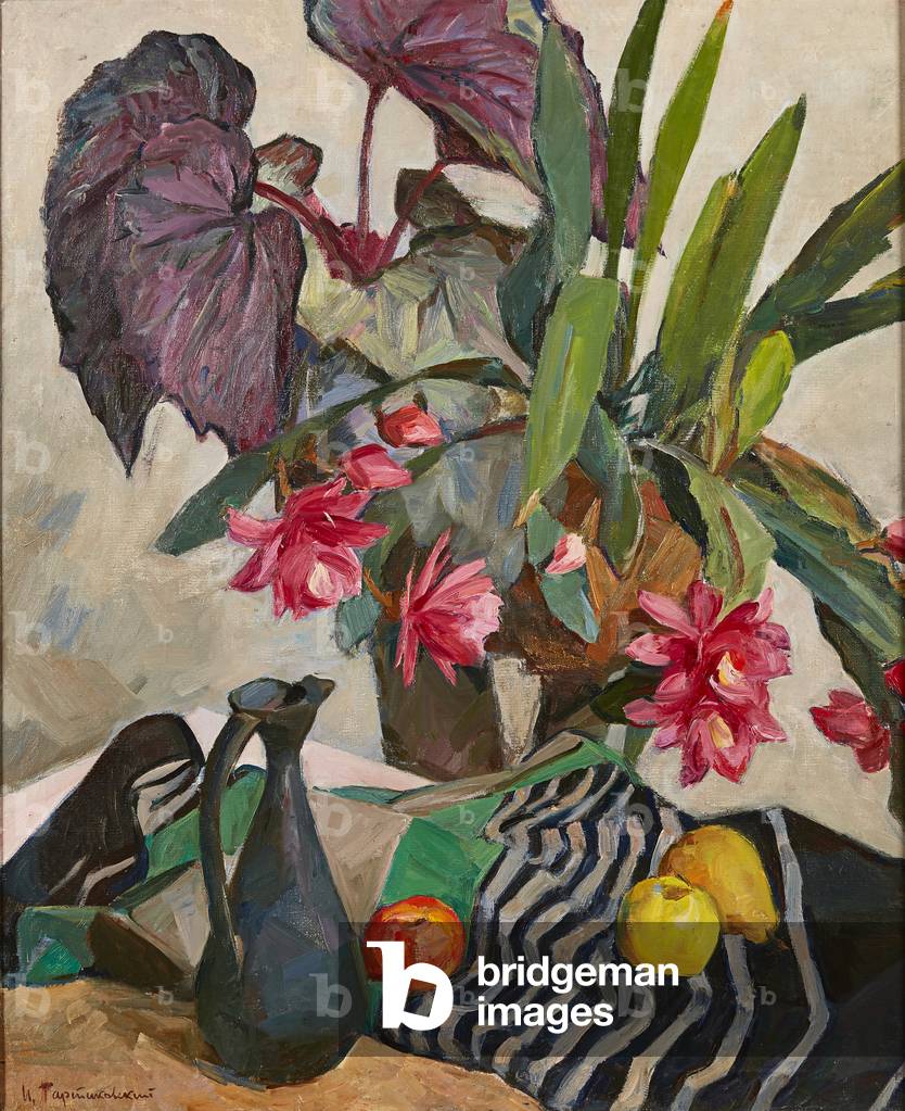 Natura morta con stoffa a righe (olio su tela)