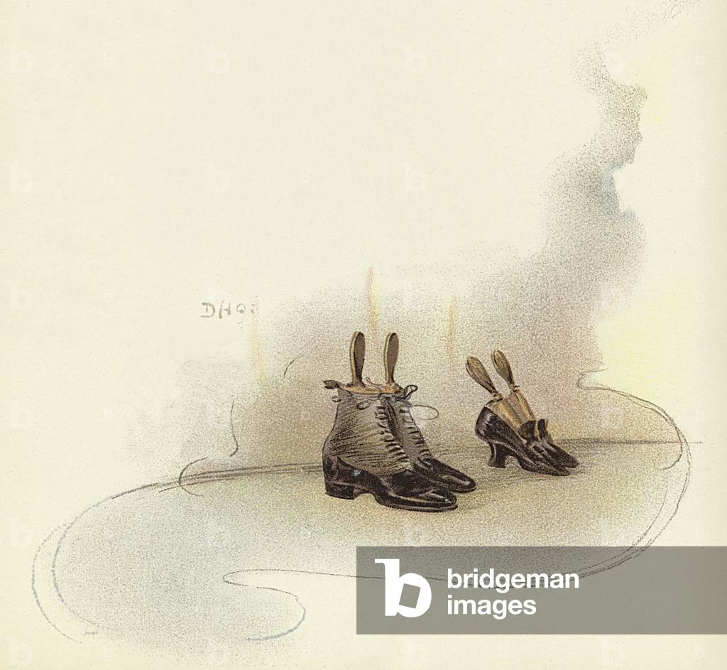 "Schuhe außerhalb der Schlafzimmertür im Claridge's Hotel (Farbe litho)" von Dudley Hardy