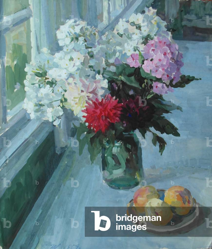 Blumen und Obst am Fenster, 1959 (Aquarell auf Papier)
