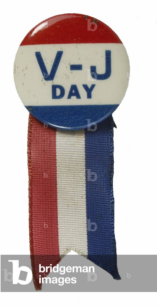 Image of VJ Day badge, 1945 (enamel & ribbon) by American School, (20th ...