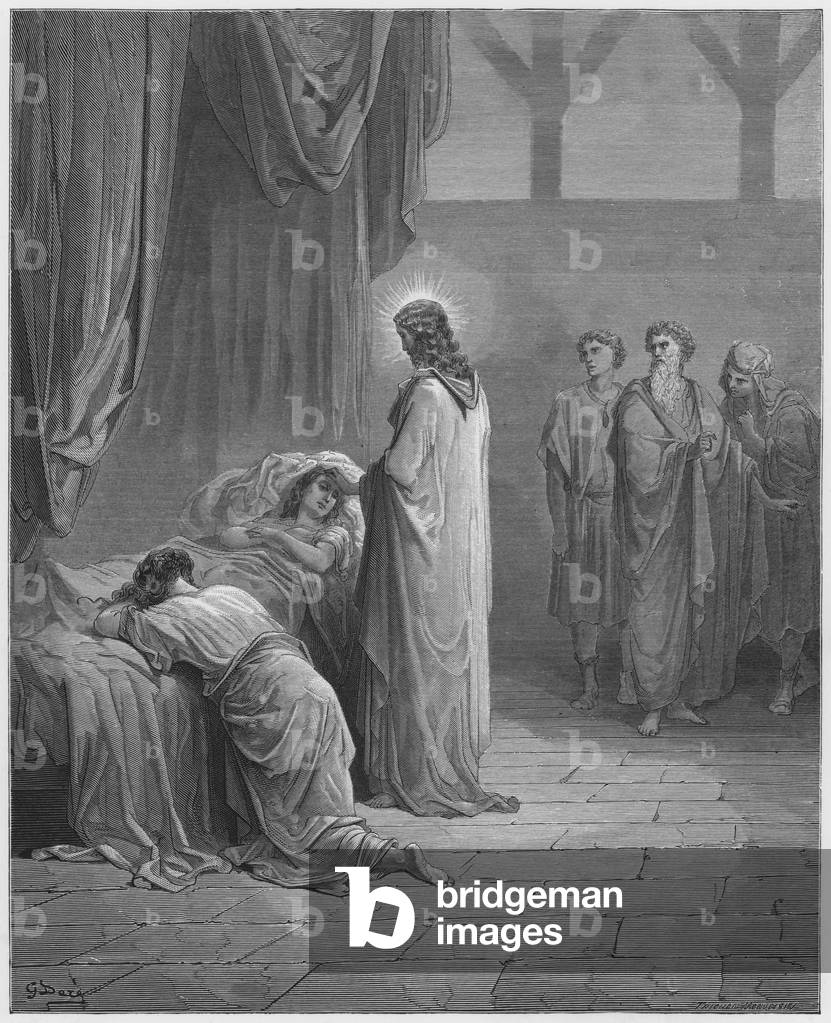 "Gustave Dore Bibbia: Gesù che cresce la figlia di Giairo (incisione)" di Gustave Dore, b/w