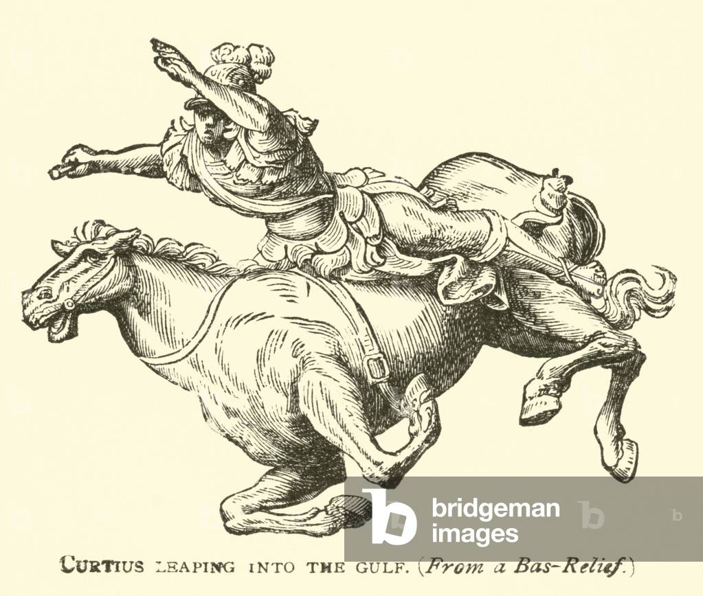 Curtius leaping into the Gulf (engraving) by English Artist, b/w