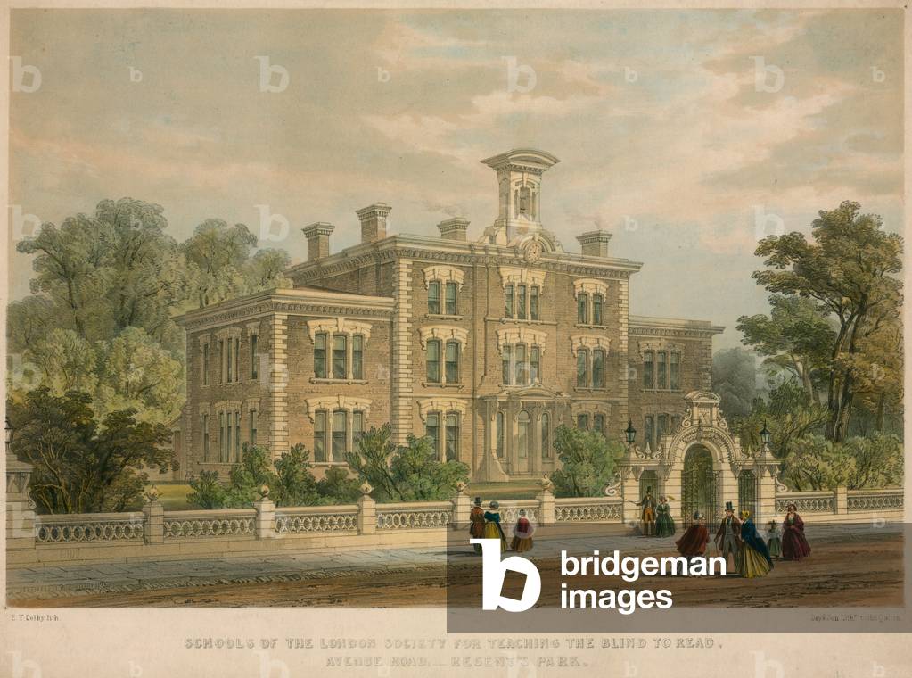 Scuole del London Society for Teaching the blind to read, Avenue Road, Regent's Park, Londra (incisione colora