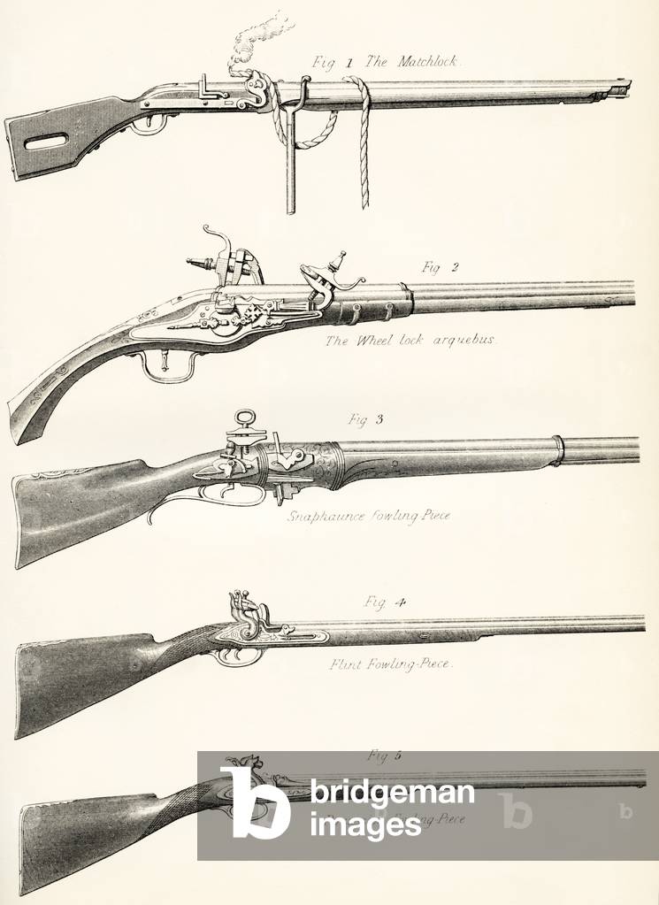 "Frühe Arten von Schusswaffen. 1. Das Matchlock 2. Das Radschloss Arquebus 3. Snaphaunce Fowling Stück 4. Flin