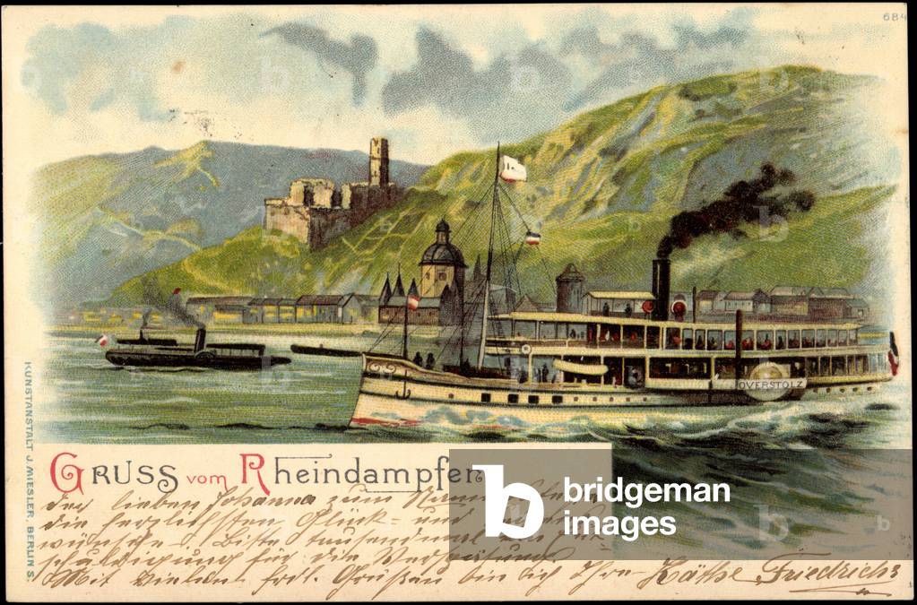 Bild von Druck "Litho Rheindampfer Overstolz mit Berglandschaft"