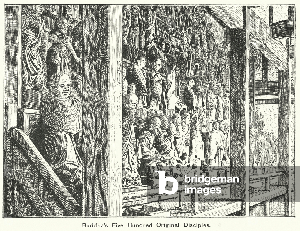 Immagine di Incisione "I cinquecento discepoli originali di Buddha (incisione)" 1901 di English School