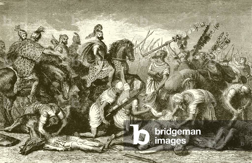 "Hannibals Truppen verwüsten ihre toten Feinde nach der Schlacht von Cannae (Gravur)" von English School, b/w