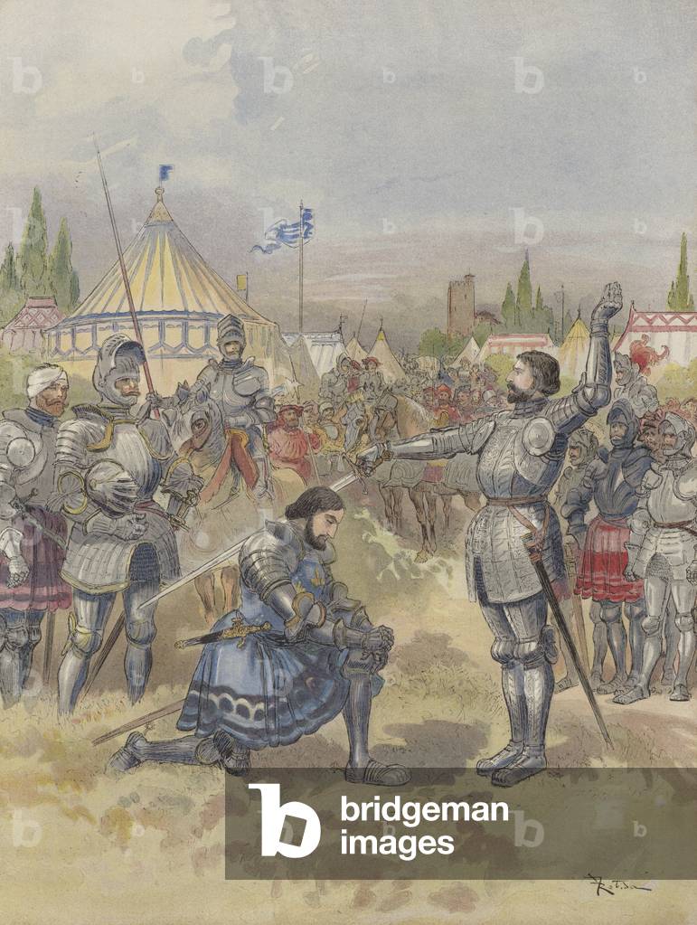 "Bayard armant Francois Ier chevalier (Farblitho)" von Albert Robida