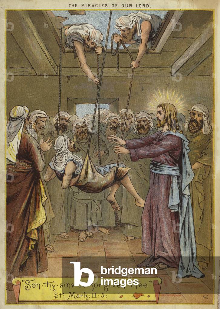 "I Miracoli di Cristo: guarigione dell'uomo paralizzato a Cafarnao (chromolitho)" di English School