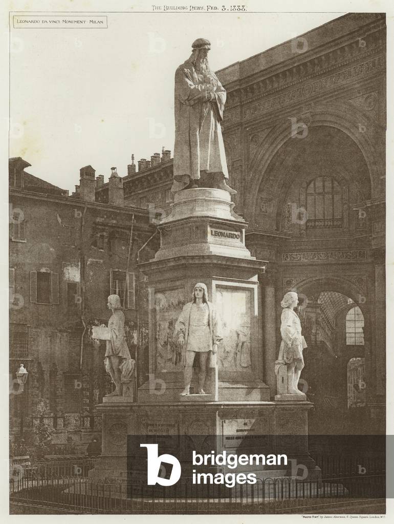 Image of Print depicting Leonardo da Vinci Monument by European Photographer, b/w