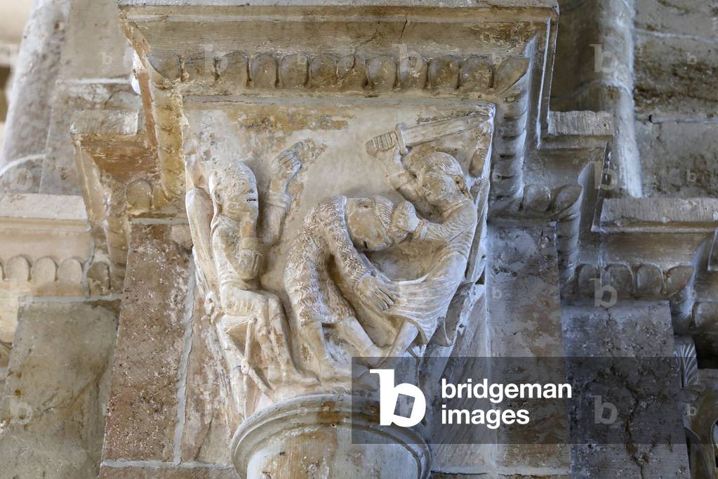 Basilica di Santa Maria Maddalena, Vezelay, Francia. Capitale raffigurante l'uccisione dell'assassino di Saul