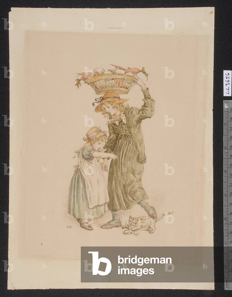 Junge mit einem Korb von Gemüse, kleines Mädchen und Kätzchen, um 1880 (w/c mit Pinsel & Tinte auf Papier)