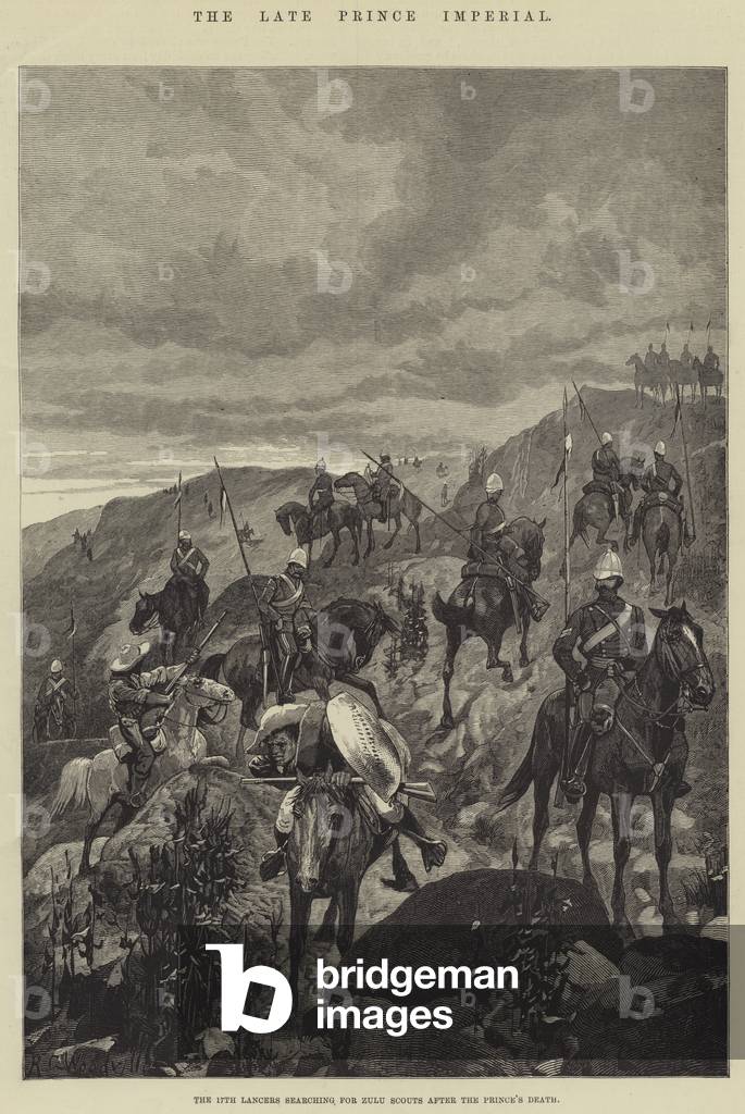 il tardo principe imperiale, il 17 Lancers alla ricerca di Zulu Scouts dopo la morte del principe (incisione)
