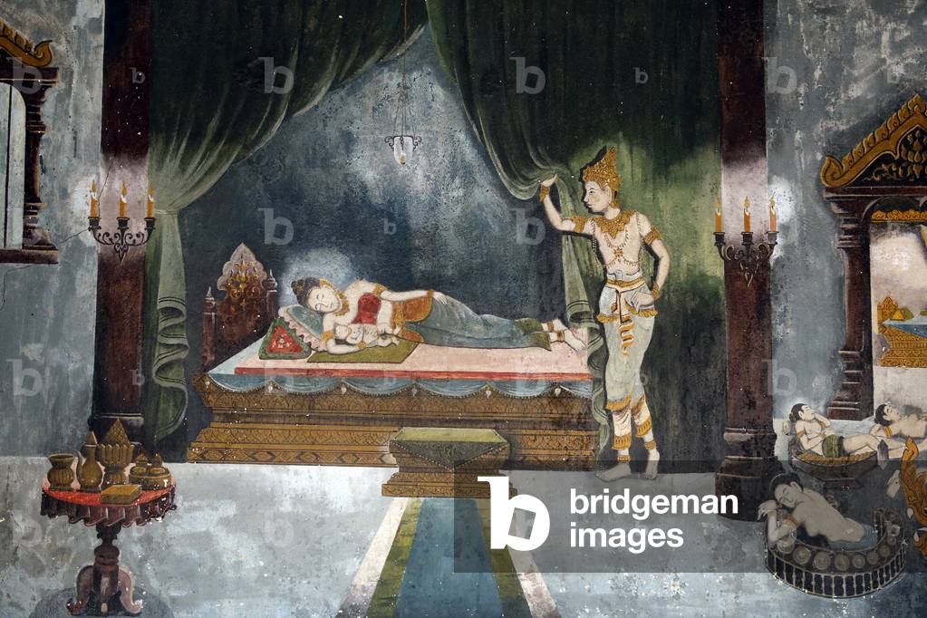 Fresko, das eine Szene aus dem Leben des Buddha im Wat Phra Doi Suthep, Chiang Mai, darstellt. Buddha als Prin