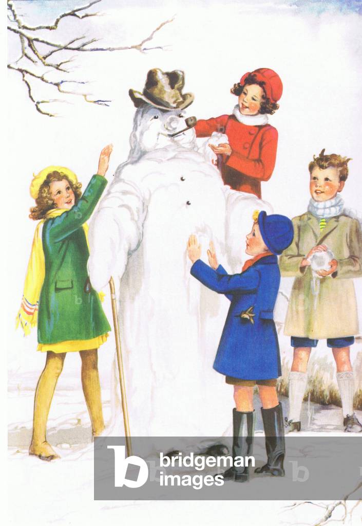 Il pupazzo di neve, illustrazione da 'Folio dei manifesti della Scuola. Stampanti sconosciute», c.1940-60 (col