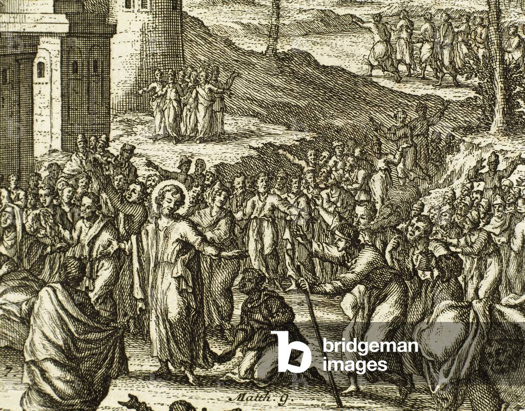 Jesus vergibt Sünden und heilt einen Gelähmten (Gravur)