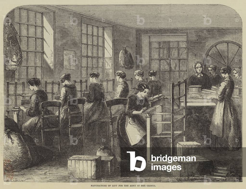 "Herstellung von Fusseln für die Armee auf der Krim (Gravur)" 1855 von English School, b/w