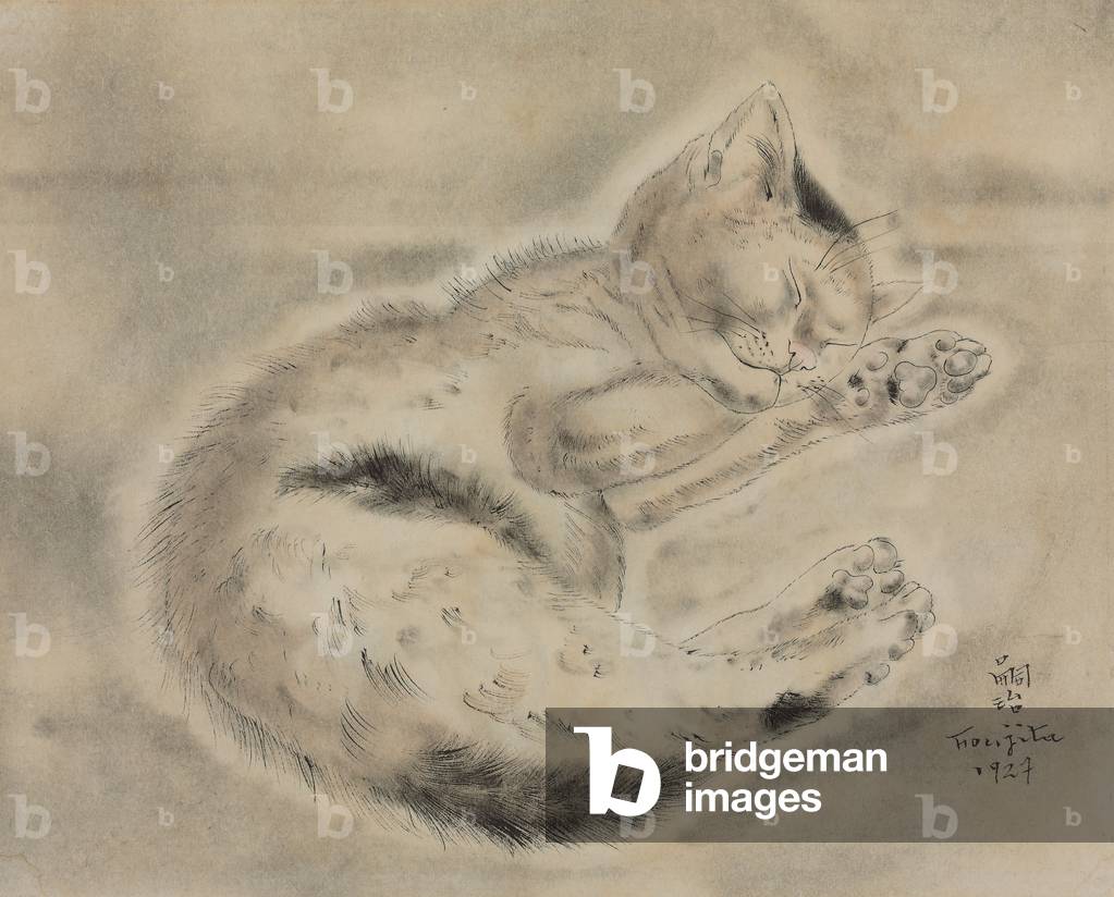 Image of Drawing depicting Sleeping Kitten; Chaton endormi 1927 by Tsuguharu Foujita, b/w