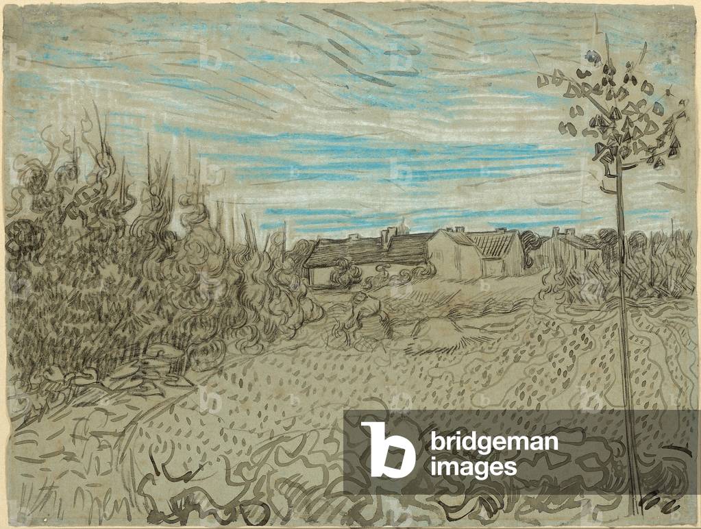 Cottages with a Woman Working in the Middle Ground, 1890 (Kohle, Stift, Tusche, Pastell und Kreide auf Papier)