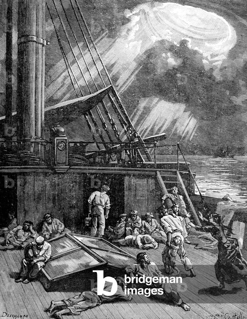 marinai a bordo nave durante una tempesta nel Mar Rosso, 1885 (incisione)