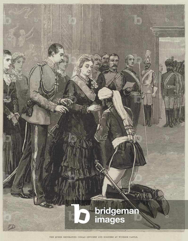 Die Königin dekoriert indische Offiziere und Soldaten in Windsor Castle (Gravur)