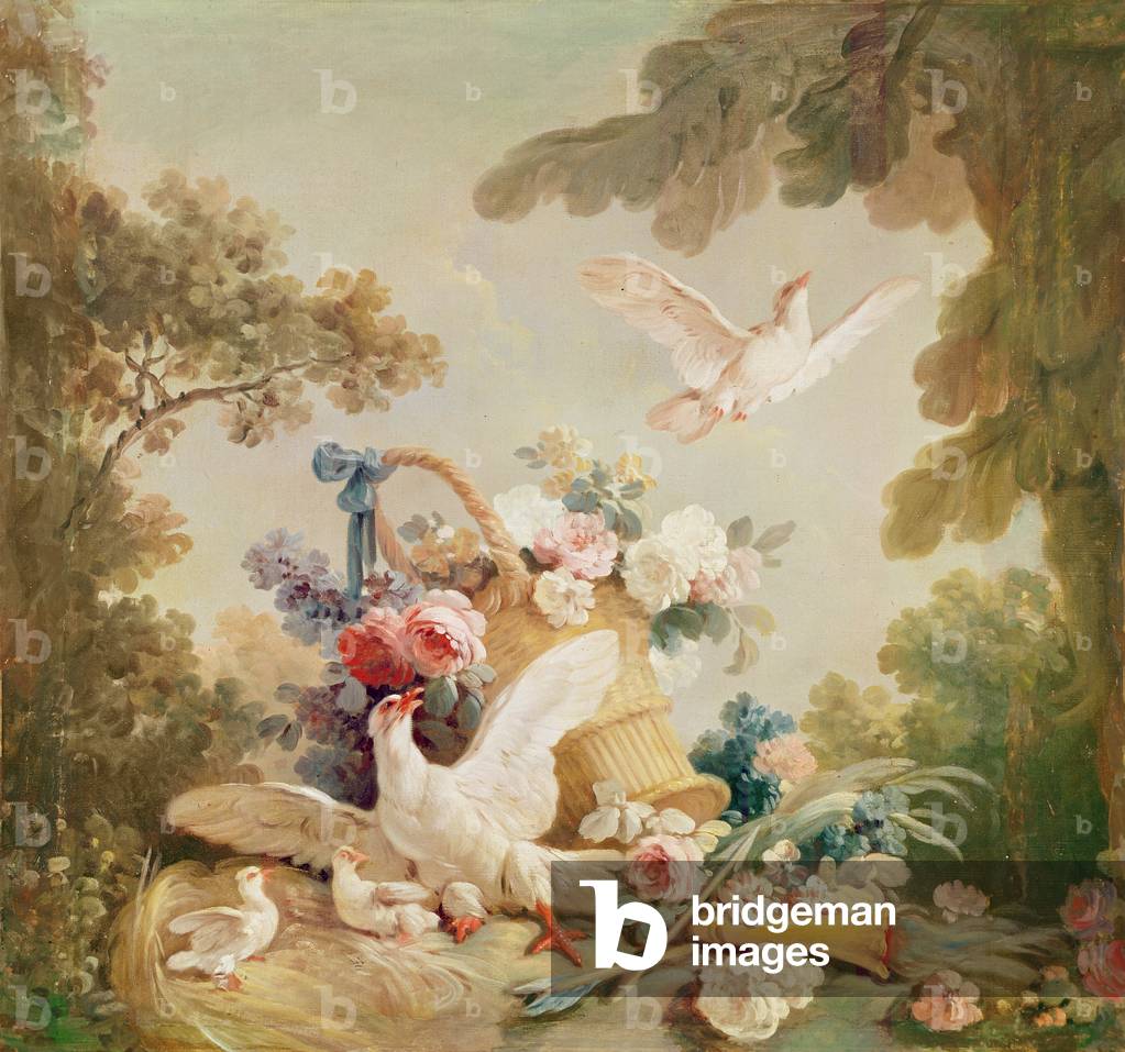 Salone del Print-maker Gilles Demmarteau, sopra la porta: colonne, un cesto di rose e una torcia