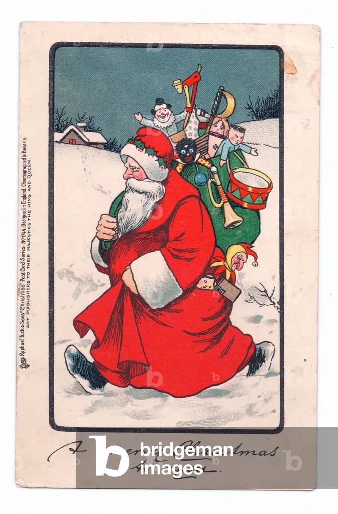 Edwardian Christmas postcard of Father Christmas with a sack of toys over his shoulder walking through the sno