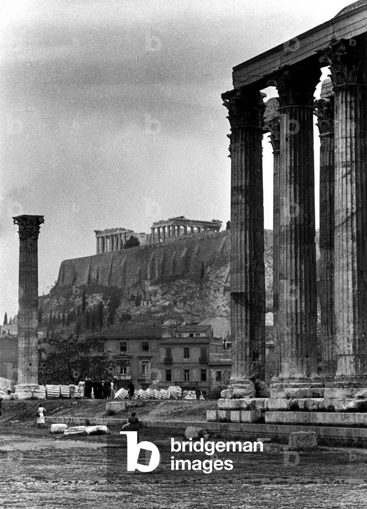 Image of Athens Temple of Zeus and Acropolis, Greece, 1950s. Athens,