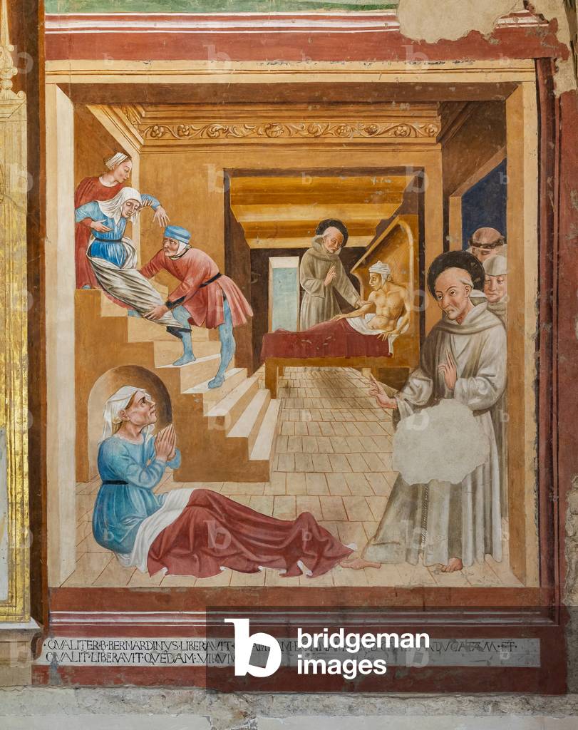 Il santo guarisce un uomo e una donna, Storie di San Bernardino e Santi, Cappella di San Bernardino da Siena, 