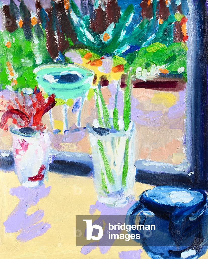 Stillleben mit Vogelbad, 2021 (Öl auf Papier)