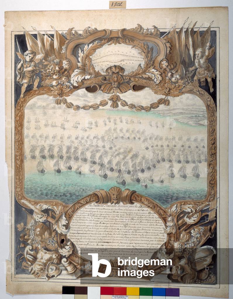 Naval Battle given near Agouste, 22nd April 1676 (black ink & mapping pen with w/c on paper)