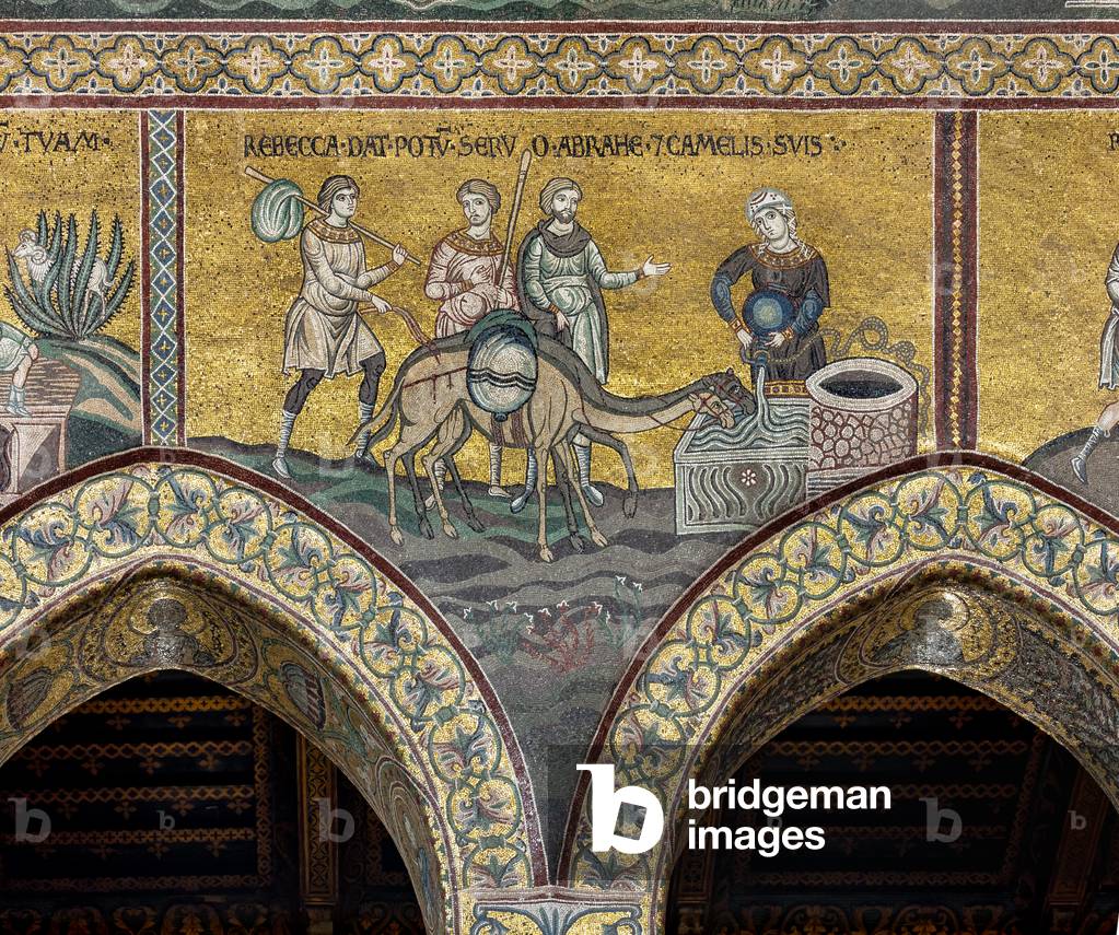 Rebecca fa bere Abraham e i suoi cammelli. Antico Testamento, Ciclo di Abramo., Mosaico bizantino, Ciclo Antic