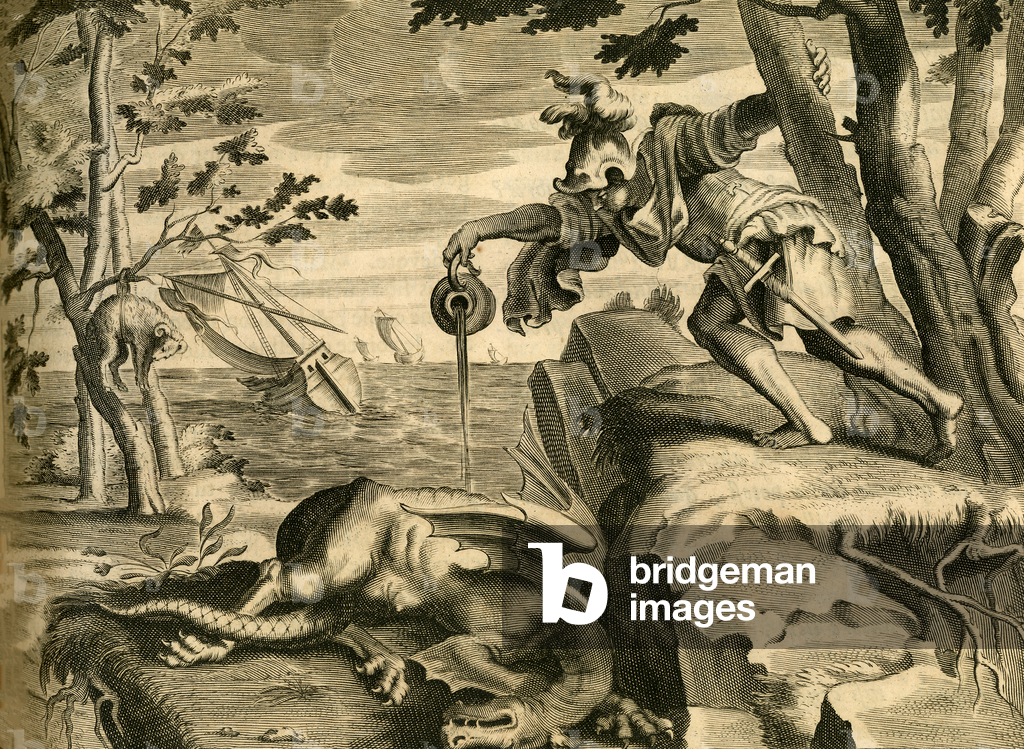 Image de Gravure représentant Jason prenant la Toison d'or après avoir tué le dragon qui la gardait 1702 par M