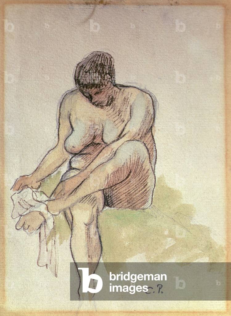 Nackte Frau wischte linken Fuß (Bleistift, Wäsche und Stift und Sepia-Tinte auf Papier)