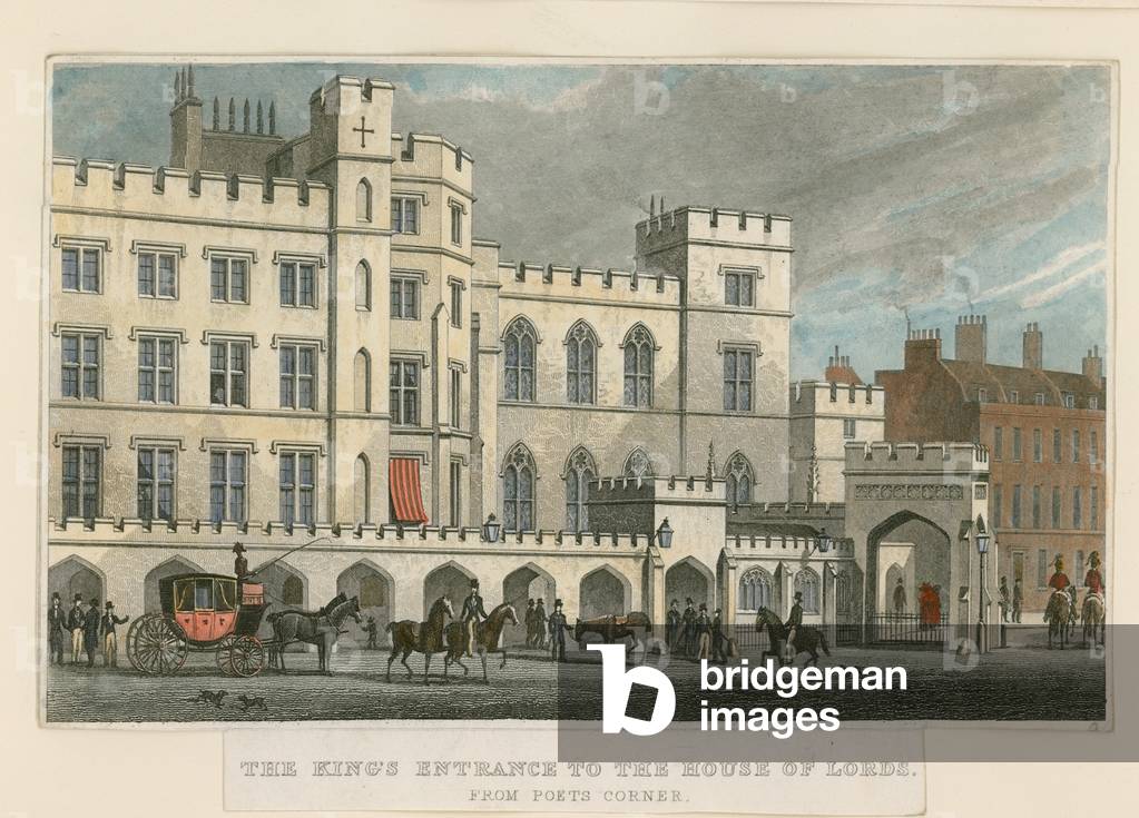 Immagine di Incisione "Il King's ingresso al Casa dei Signori da Poet's Angolo (incisione colorata)" di Englis