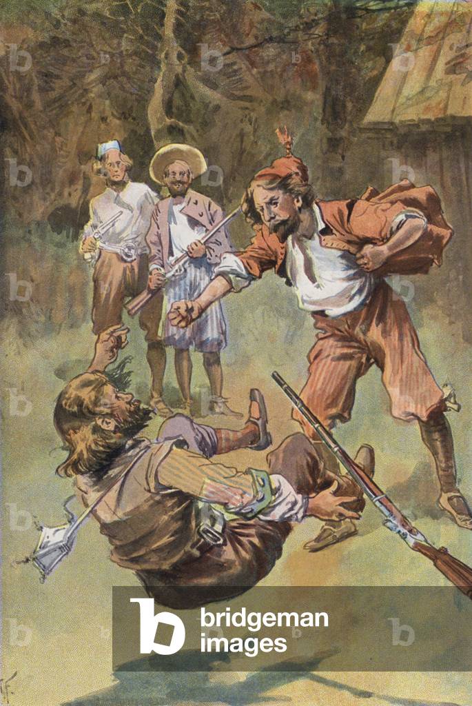 "Robinson Crusoe: Der Spanier hat ihn mit einem Faustschlag niedergeschlagen (Farblitho)" 1901 von Joseph Finn