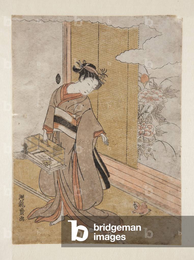 "Frau und Sperling (farbiger Holzschnitt-Druck)" von Isoda Koryusai, b/w