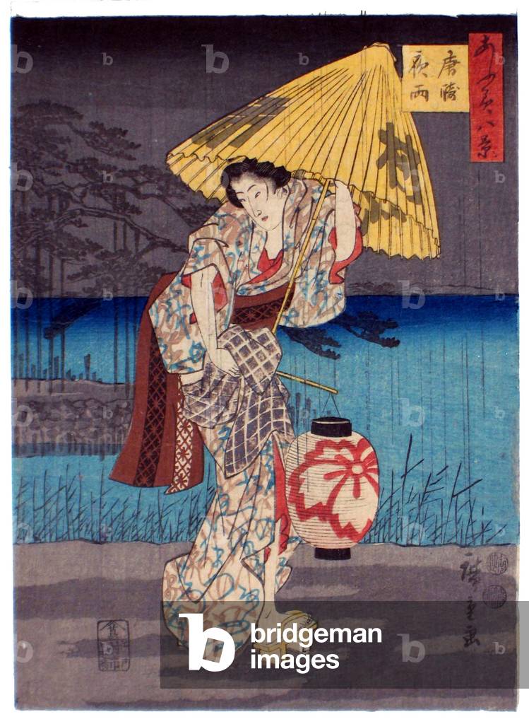 Japan: A young woman on a rainy night with lantern and umbrella at Karasaki. Utagawa Hiroshige (1797-1858), c.