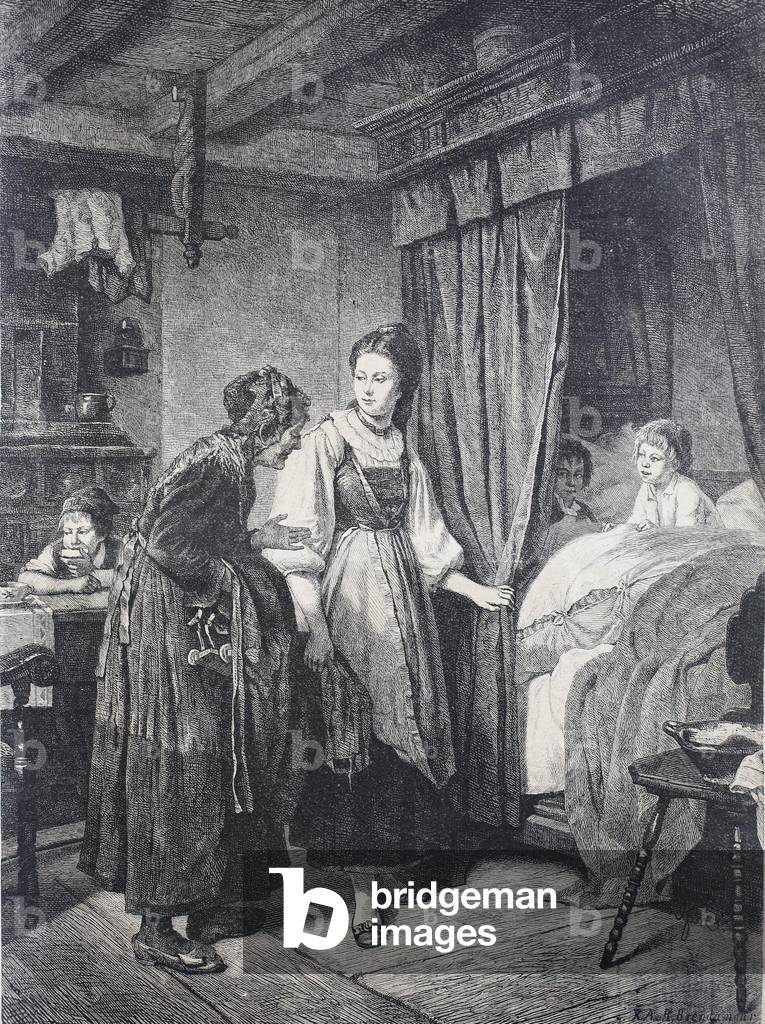 Immagine di Stampa "Visita della vecchia madrina ai figliocci che sono ancora a letto" 1801 di Unknown Artist