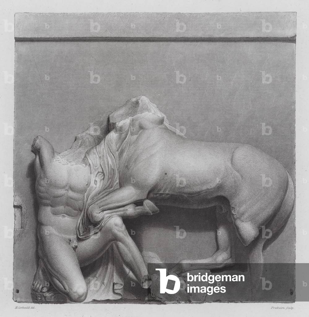 Guerriero greco che combatte un centauro, antica scultura in marmo greco dal Partenone, Atene (incisione)