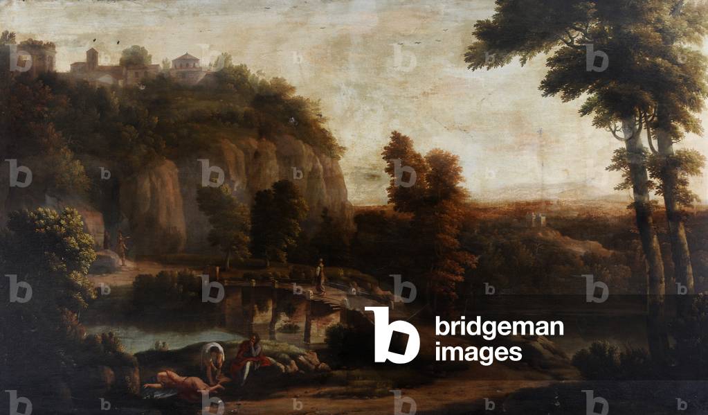 Eine hügelige Landschaft mit einer Brücke über einen Fluss und Figuren im Vordergrund