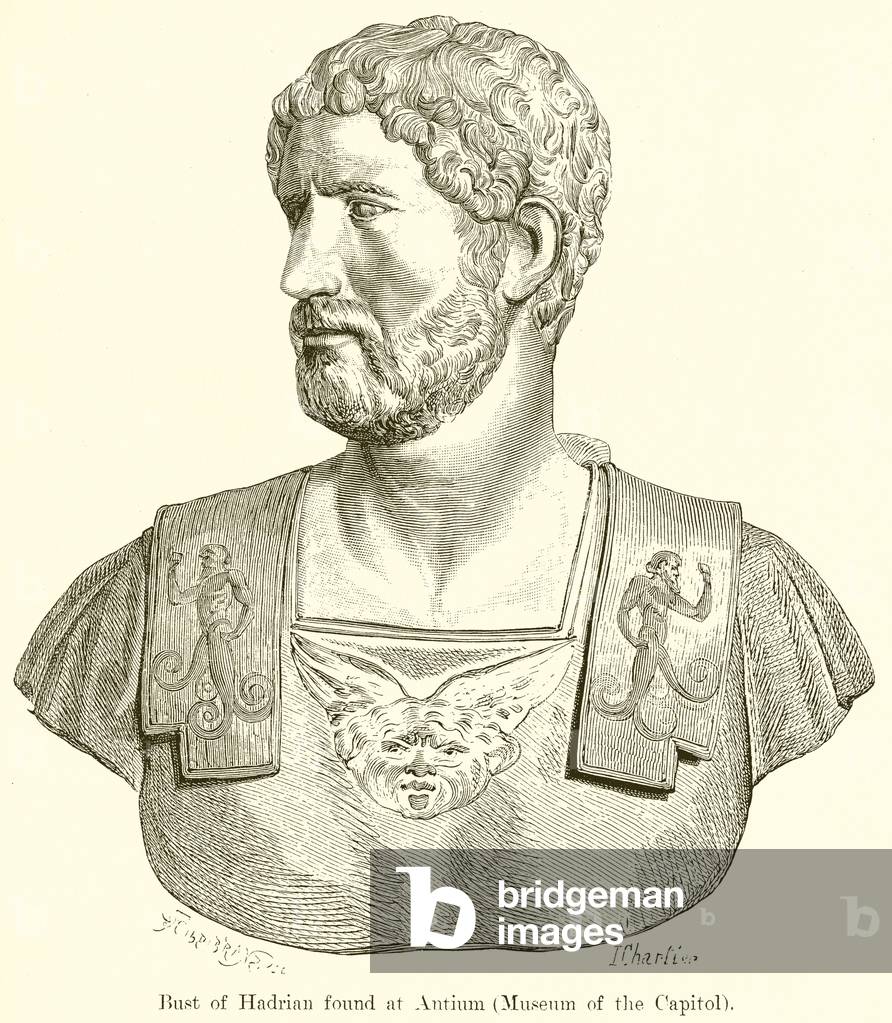 Bust of Hadrian found at Antium (Museum of the Capitol) (engraving) by English Artist, b/w