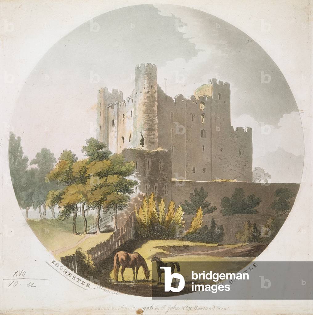 Cavalli al pascolo in primo piano; una recinzione e alberi a sinistra; Castello di Rochester nel mezzo terra