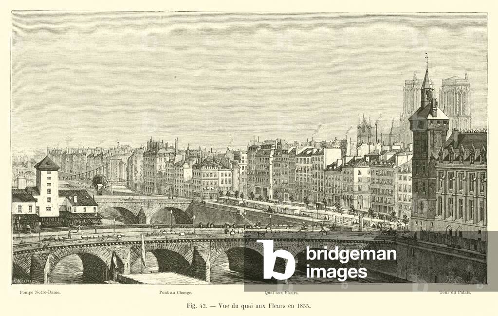 "Vue du quai aux Fleurs en 1855 (incisione)" 1801 di French School, b/w