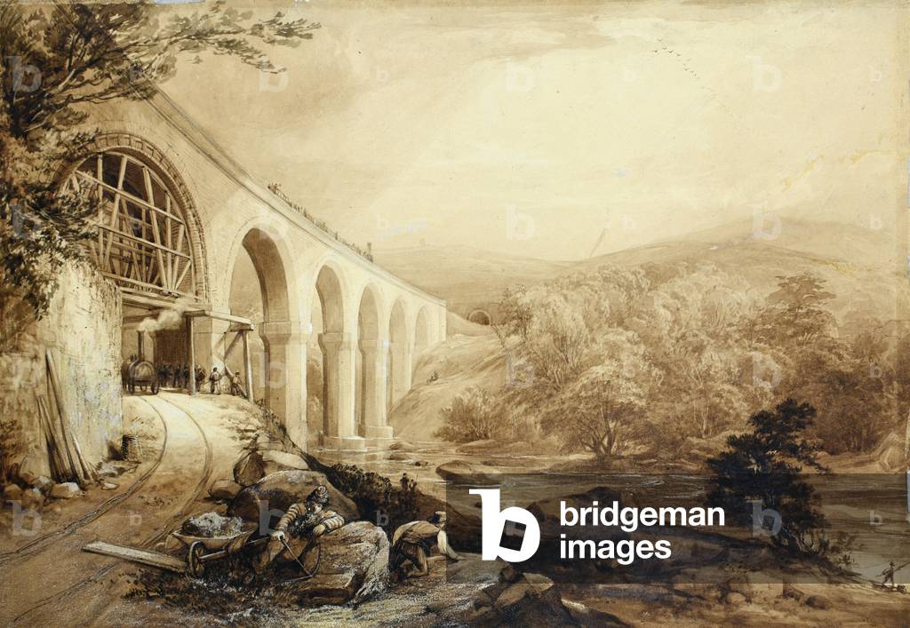 Image of Drawing depicting Quakers Yard Viaduct 1840 by Penry Williams